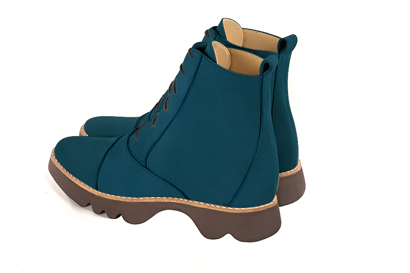 Peacock blue women's ankle boots with laces at the front.. Rear view - Florence KOOIJMAN